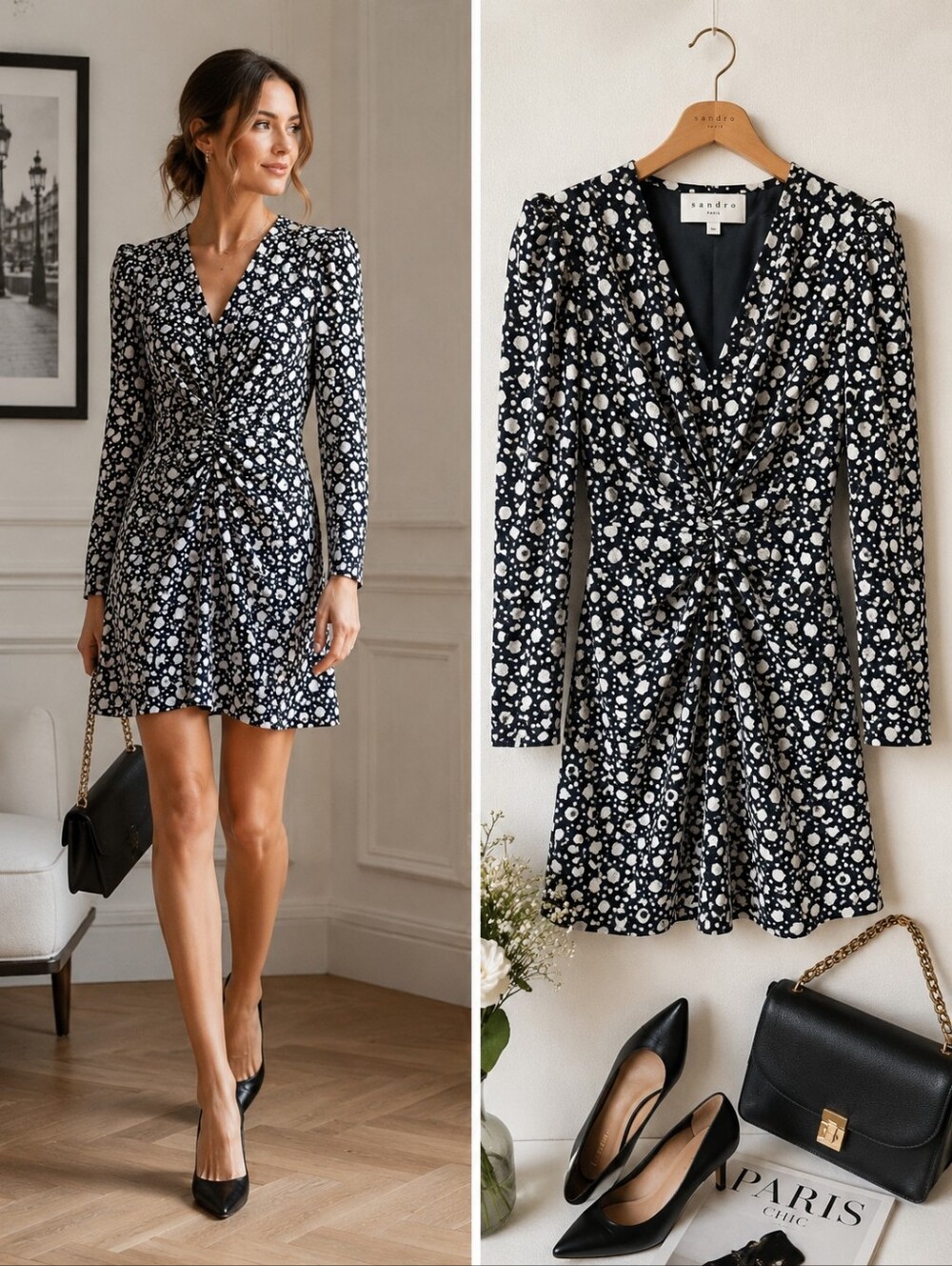 Sandro Paris Ruched Mini Dress Black White Abstract Dot NWT